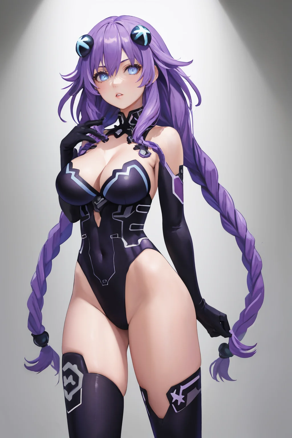 masterpiece, best quality, 1girl, solo, standing, <lora:purpleheart-hdn-richy-v1:1> prplhrtdef, twin braids, hair ornament, leotard, cleavage cutout, thighhighs, gloves, parted lips, looking at viewer