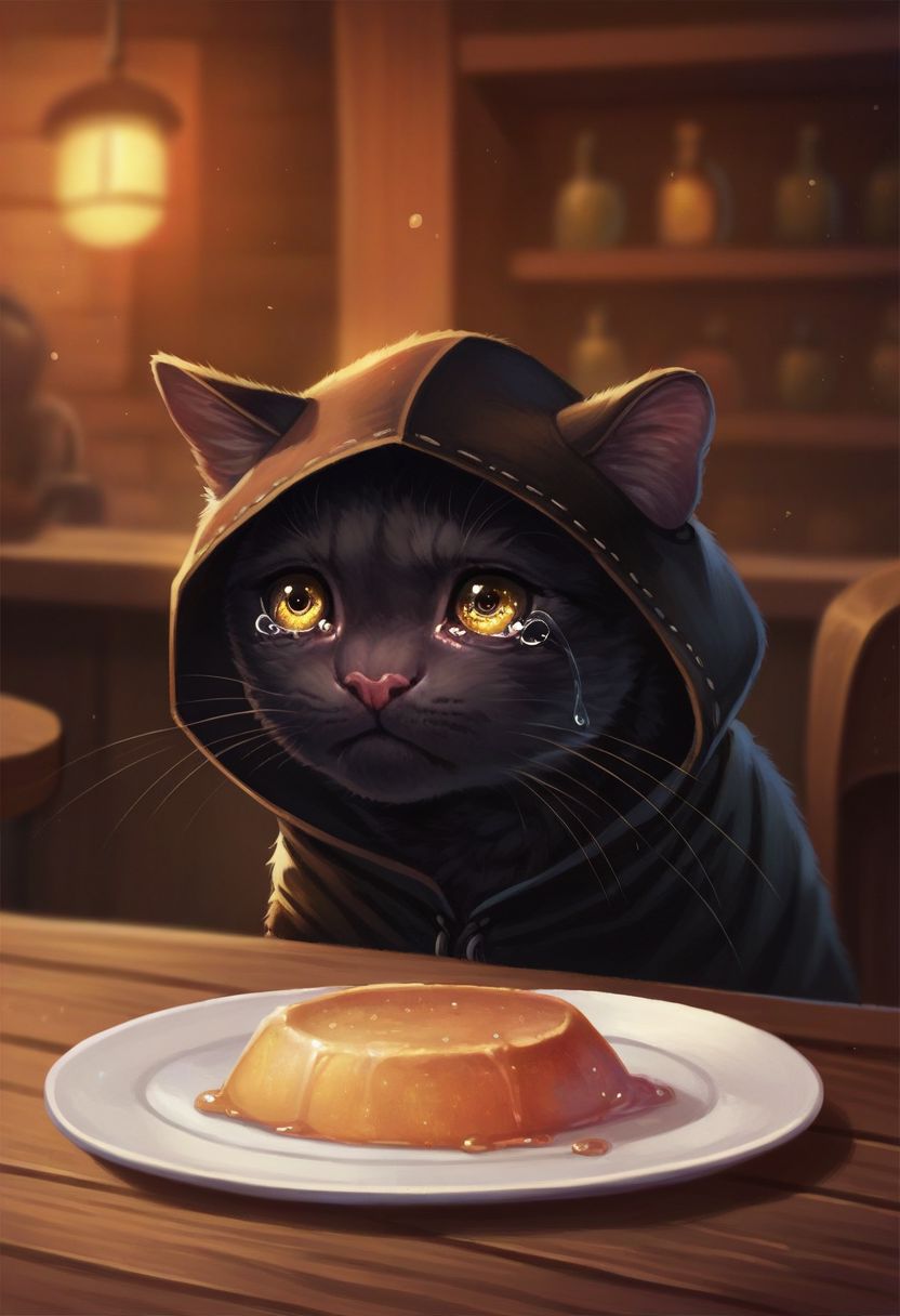 score_8_up, score_7_up, score_6_up, score_5_up,
solo, cat, black fur, panther, yellow eyes, tears, detailed eyes, rogue outfit, hood, inside a tavern, empty plate,
sad cat meme, pikaole, cute, bokeh