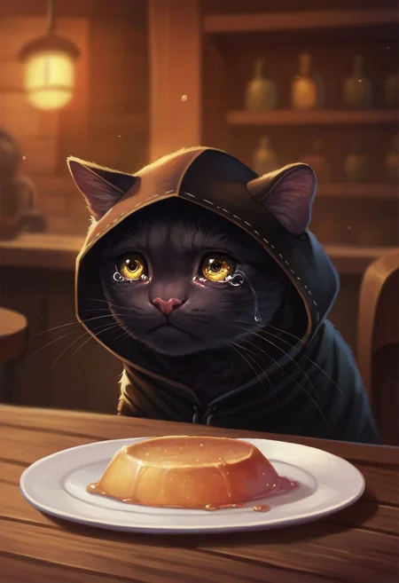score_8_up, score_7_up, score_6_up, score_5_up,
solo, cat, black fur, panther, yellow eyes, tears, detailed eyes, rogue outfit, hood, inside a tavern, empty plate,
sad cat meme, pikaole, cute, bokeh