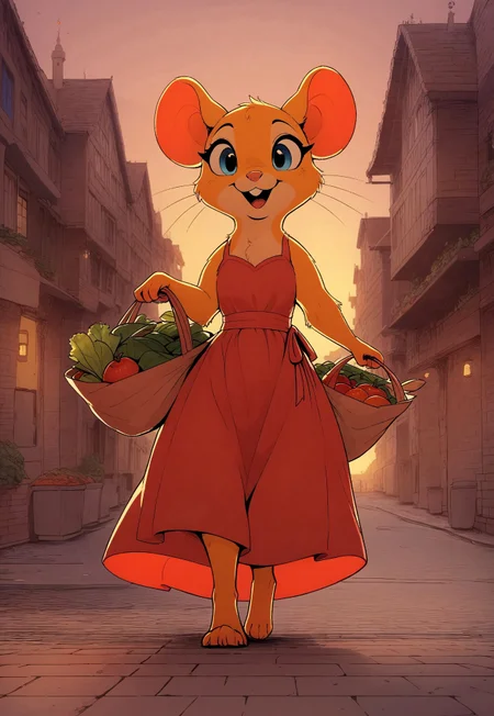 score_9, score_8_up, score_7_up, score_6_up, score_5_up, score_4_up,
[][][][][]
flat color, in the style of Beatrix Potter,
[][][][][]
feral, female, solo, mouse, fluffy fur and cheeks, short sleeveless red dress, yellow fur, yellow ears, bright blue eyes, cel-shading, backlighting, warm color palette, happy and content expression, looking down, walking, brick wall, dimly lit street, (carrying fabric bags of groceries), irresistibly cute
[][][][][]
cel-shading, backlit, (feral:1.2), [[side view]], cute, low angle view, village, dusk, sunset,
