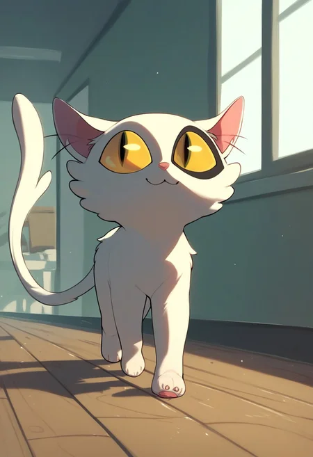 score_9, score_8_up, score_7_up, score_6_up, score_5_up, score_4_up, solo, feral, cat, white fur, white cat,yellow eyes, smug, walking,indoors