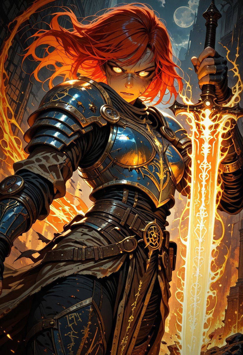 masterpiece, best quality, good quality, very aesthetic, absurdres, newest, dynamic angle, cowboy shot, M4gicalL1nes, 1girl, solo, battlemage, magic knight, half-plate armor, arcane runes, spellbook, holding flaming sword, glowing eyes, floating magic circles, wind-swept hair, dynamic pose, crackling energy, determined expression, gritty fantasy