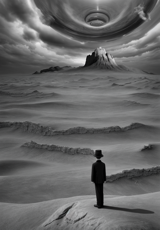 surrealism, a boy standing on top of a desert under a cloudy sky, inspired by Gertrude Abercrombie, b&w matte painting, solitude, at the mountains of madness, longing