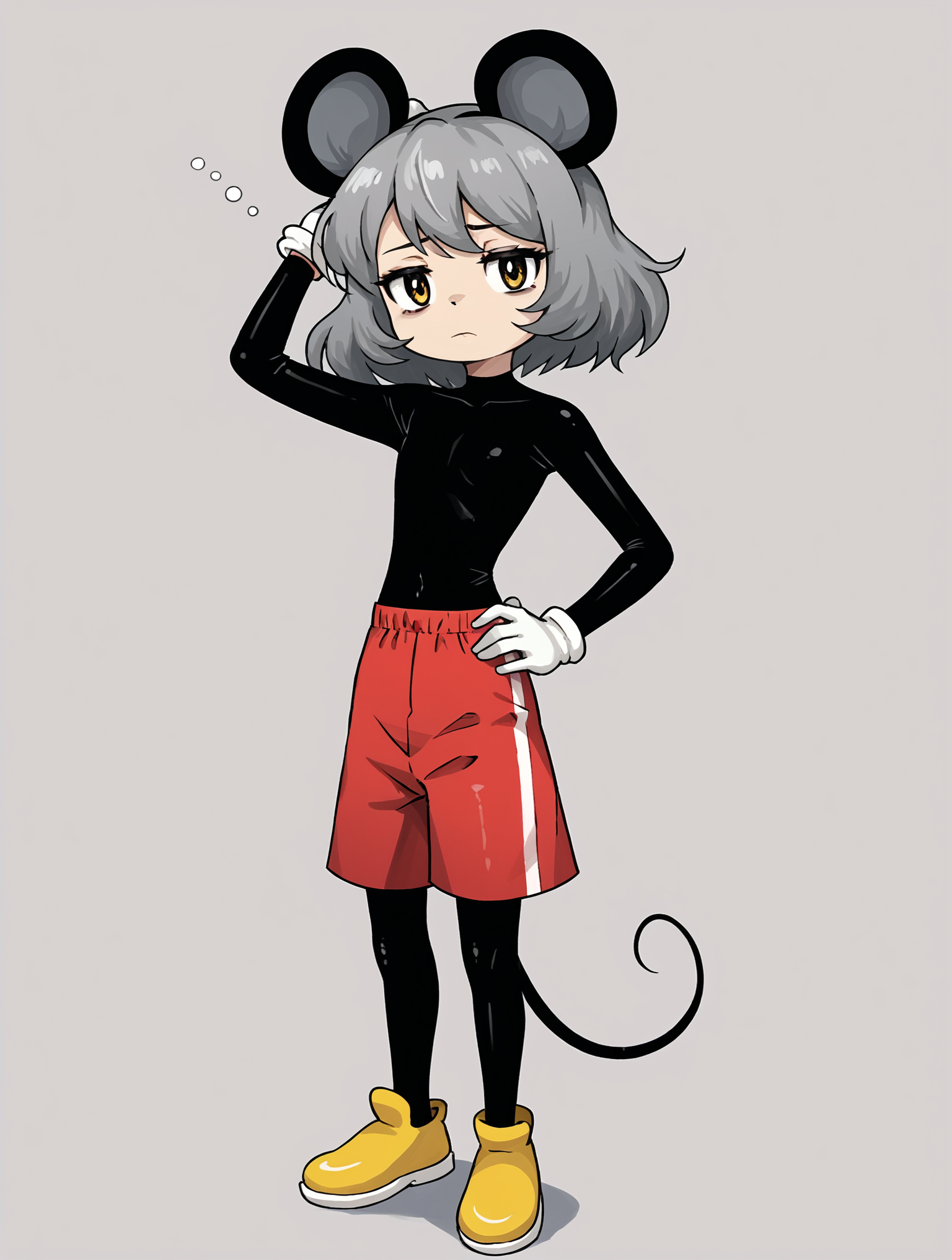 score 7 up,score_6_up,<lora:ZUN:0.8>,1girl,skinny,chibi,ZUN,parody,looking at viewer,grey hair, mouse ears, nazrin, mickey mouse, red shorts, hand on own hip, one arm up,big white glove,black bodysuit,big yellow shoes,tired,solo,