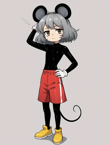 score 7 up,score_6_up,<lora:ZUN:0.8>,1girl,skinny,chibi,ZUN,parody,looking at viewer,grey hair, mouse ears, nazrin, mickey mouse, red shorts, hand on own hip, one arm up,big white glove,black bodysuit,big yellow shoes,tired,solo,