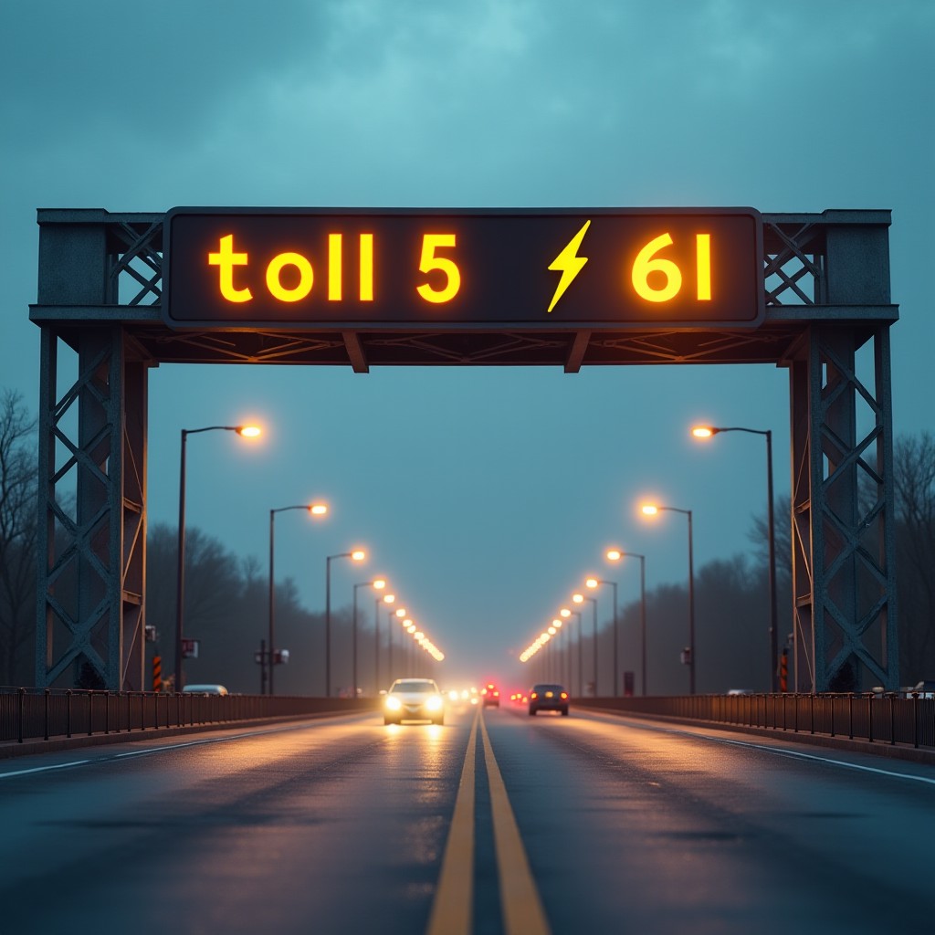 The entrance to a toll bridge, a sign with the text "toll 5 buzz" and a yellow lightning bolt symbol can be seen, photo-realistic