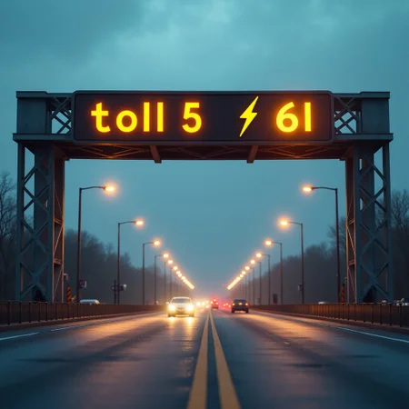 The entrance to a toll bridge, a sign with the text "toll 5 buzz" and a yellow lightning bolt symbol can be seen, photo-realistic