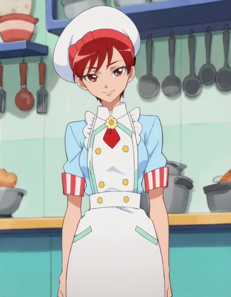 score_9, score_8_up, score_7_up, anime screencap, solo,1girl,kenjouakira, hat, apron, smile,buttons,light blue shirt,chef ,smile, looking at viewer, cowboy shot,wide hip,medium breasts,<lora:kenjouakira:0.8>