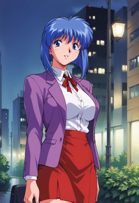 score_9, score_8_up, score_7_up, score_6_up, score_5_up, score_4_up, masterpiece, best quality, BREAK,
1girl, outdoors, city, night,  <lora:Lilia_Milcrabe:1> lilia_milcrabe, blue hair female, short hair, large breasts, business suit, jacket, skirt,