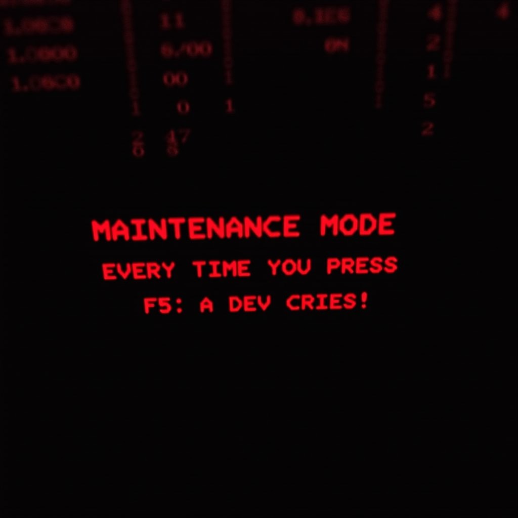 A black computer screen with red matrix code in the background with a red pixel font text that says "MAINTENANCE MODE" in a computer glitch style in the center. Below that in a smaller font says "EVERY TIME YOU PRESS F5, A DEV CRIES!"