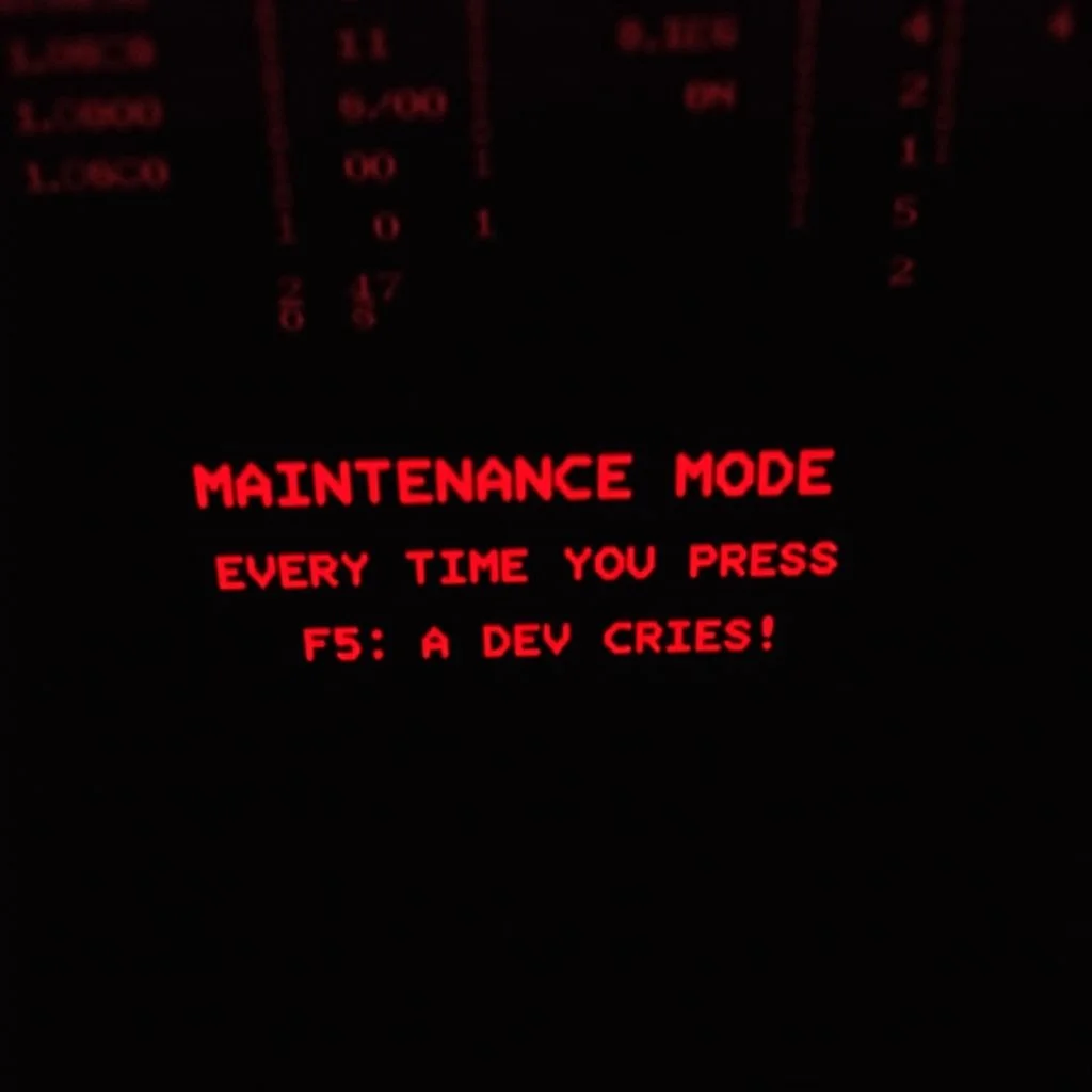 A black computer screen with red matrix code in the background with a red pixel font text that says "MAINTENANCE MODE" in a computer glitch style in the center. Below that in a smaller font says "EVERY TIME YOU PRESS F5, A DEV CRIES!"