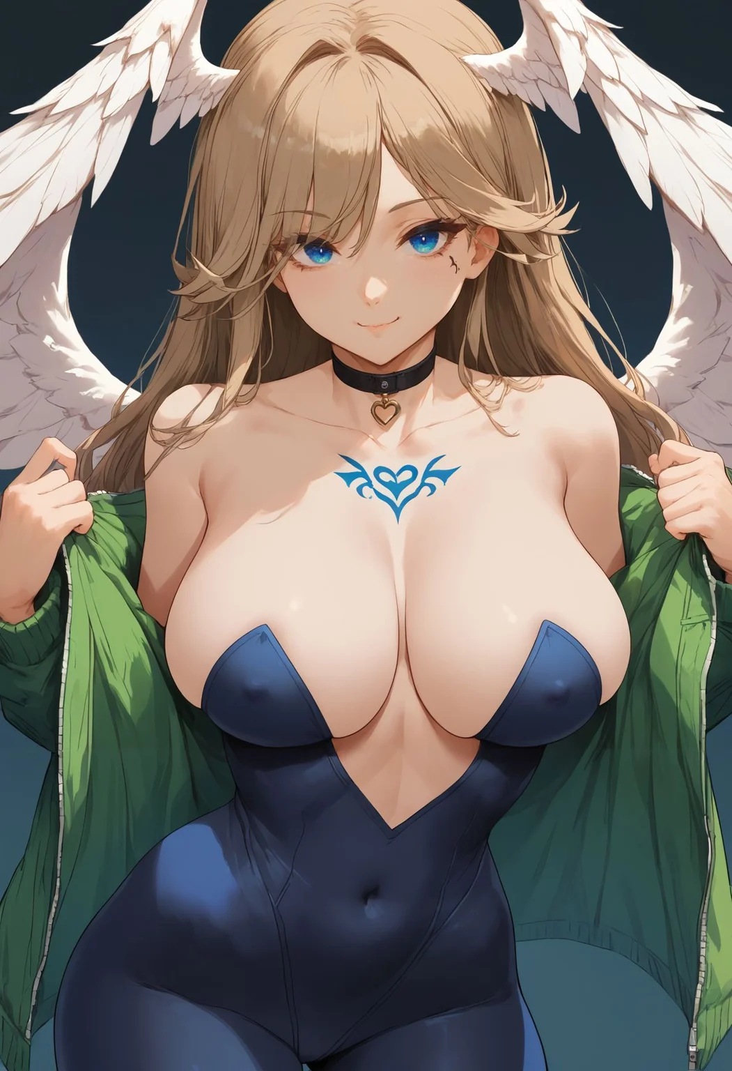 score_9,score_8_up,score_7_up, <lora:cutesexyrobutts_style_pdxl_v3:1>1girl, bare shoulders, black bodysuit, blue eyes, bodysuit, breast tattoo, breasts, choker, cleavage, clothes writing, collarbone, contrapposto, covered navel, covered nipples, cowboy shot, green jacket, head wings, jacket, large breasts, light brown hair, long hair, long sleeves, looking at viewer, off shoulder, open clothes, open jacket, smile, solo, tattoo, thighs, white wings, wings