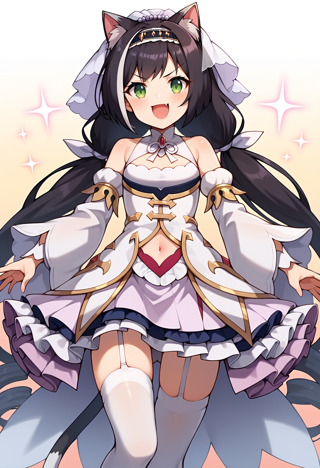 score_9, score_7_up, hd, (ultra hd quality details), source_anime, gradient background,
solo, 1girl, kyarubase, streaked hair, cat ears, animal ear fluff, low twintails, cat tail,
calprif, veil, hairband, hair ribbon, white dress, sleeveless, navel cutout, white detached sleeves, wide sleeves, light purple skirt, white thighhighs, garter belt, wings,
looking at viewer, smile, v-shaped eyebrows, open mouth, 
dynamic pose,
<lora:_karyl_elesico-pony-e19:0.85>