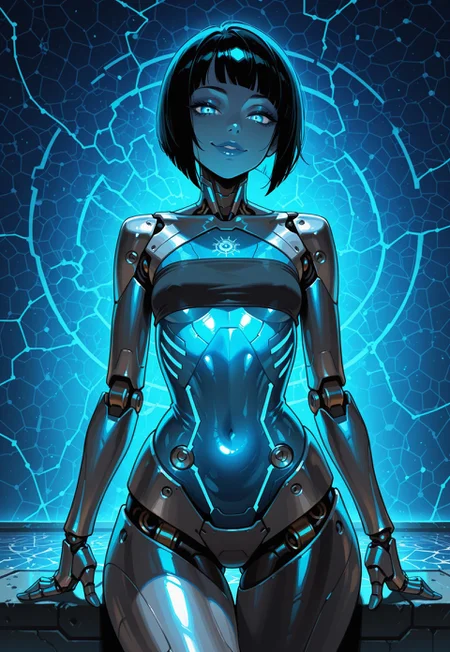 masterpiece, best quality, amazing quality, high resolution, aesthetic, robot girl, ((robot body)), robot joints, proud, small breasts, wide hips, (big lips:0.6), metal body, tube top, glowing blue details, rim lighting, naughty face, short bob cut hair, star map background, transparent body, circuitry