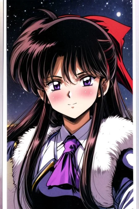 best quality 1girl Setsun4 solo long hair, (night time) forest background black hair very long hair purple eyes multicolored hair armor, small, (fur trim) (medium body),<lora:EMS-179-EMS:0.800000>,<lora:EMS-293862-EMS:0.800000> bow, hair_bow, hair_tubes, red_bow, brown_hair, long_hair, bangs, ascot, frilled_bow, yellow_ascot, blush, smile, hair_between_eyes, athletic, armor, miko, Smiling, happy, dragoon helmet, (helmet)