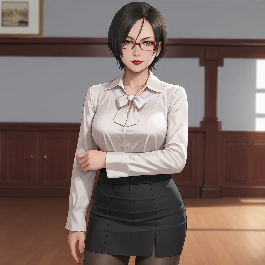 <lora:adawongmovie_pony_v1:.8> AdaResidentEvilMovie, 1girl, short hair, black hair, brown eyes, large breasts, hair over one eye,cowboy shot, lipstick,eyeshadow, cowboy shot,  <lora:0906 Home wear 6_v1_pony:1> ruanyi0906,black pantyhose,black skirt,blouse,glasses,long sleeves,white shirt