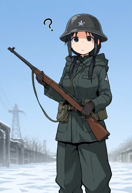 (Ahemaru:1.0), masterpiece, best quality, standing, looking at viewer, 1girl, (chito \(girls last tour\), black hair, short hair, bangs, black eyes, cht_military_helmet, cht_winter_military_uniform, (medium breasts), (holding rifle), ?, (industrial background), (day:1.1)