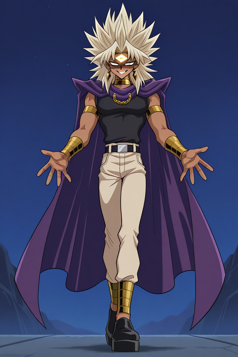 frieezastance, outstretched arms, open hands, legs together, masterpiece, best quality, marikuish, 1boy, male focus, solo, yami marik, dark skin, dark-skinned male, purple eyes, blonde hair, long hair, spiked hair, jewerly, earrings, neck ring, armlet, shirt, black shirt, sleeveless, cape, purple cape, belt, pants, brown pantsforehead mark, eye of horus, outdoors, platform, night, grin, crazy smile, evil smile, full body