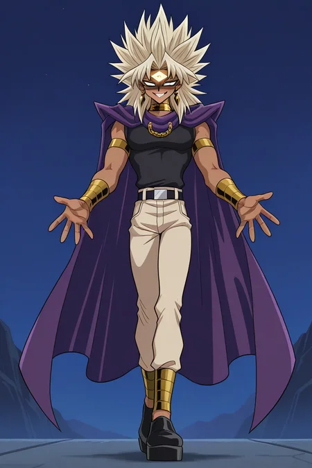 frieezastance, outstretched arms, open hands, legs together, masterpiece, best quality, marikuish, 1boy, male focus, solo, yami marik, dark skin, dark-skinned male, purple eyes, blonde hair, long hair, spiked hair, jewerly, earrings, neck ring, armlet, shirt, black shirt, sleeveless, cape, purple cape, belt, pants, brown pantsforehead mark, eye of horus, outdoors, platform, night, grin, crazy smile, evil smile, full body