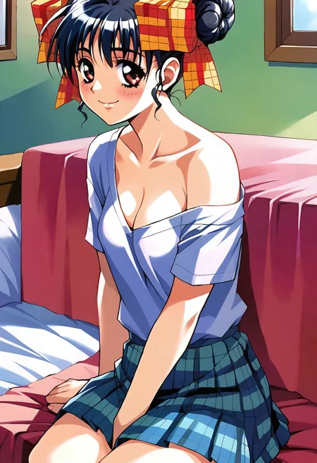 ASCII <lora:pony_xl_narusawa:0.8>,narusawa,score_9,score_8_up,score_7_up,source_anime,1girl,bed,smile,light_blush,off-shoulder_shirt,sitting,downblouse, pleated skirt,plaid skirt,cowboy_shot,smile,;d,