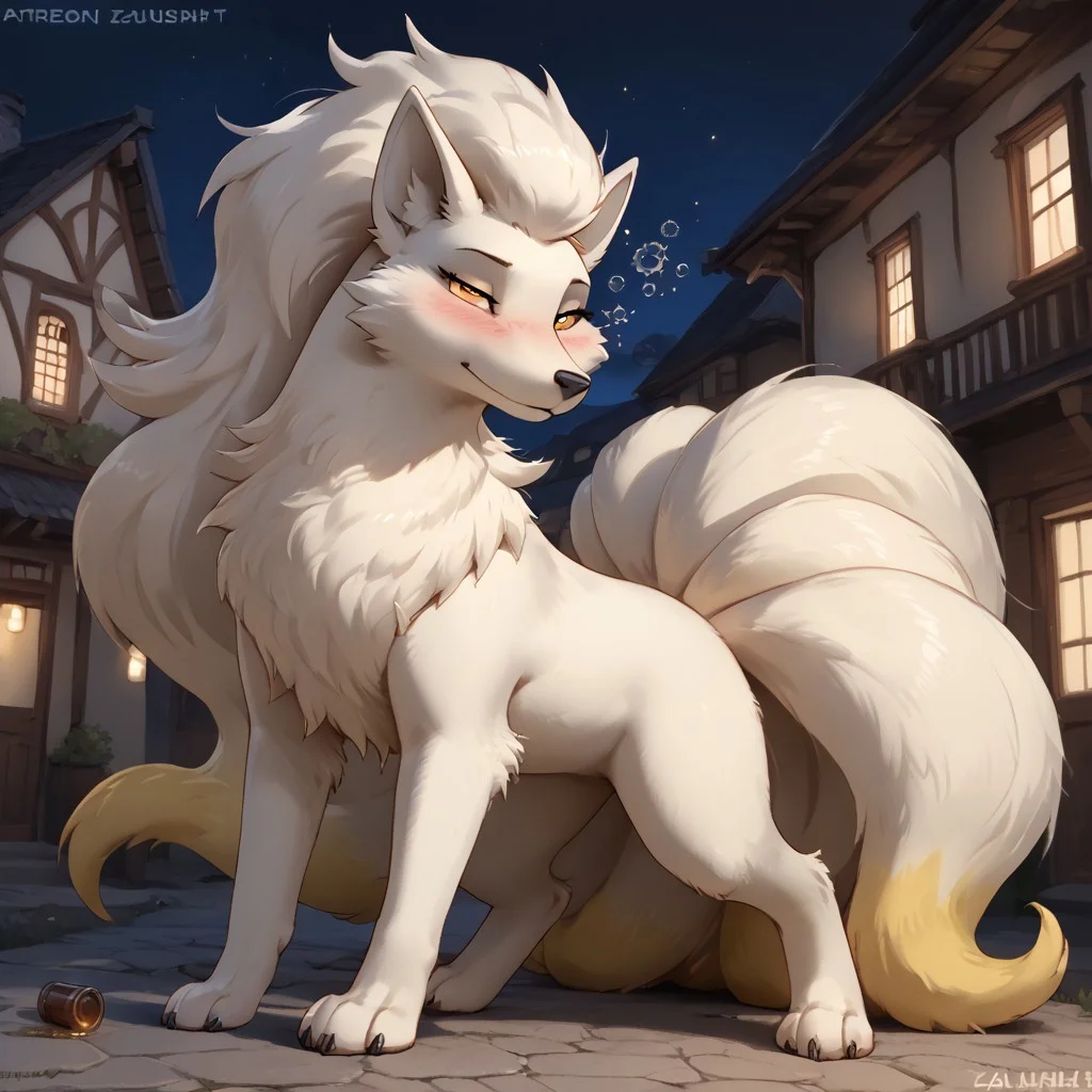 score_9, score_8_up, score_7_up,score_6_up, score_5_up, score_4_up, (by zaush),zzNinetails,
town square, outside, at night, bottom view,
solo Ninetales, feral, feral ninetales, full body, stumbling, wobbly pose, one leg lifted, drunk blush, blushing, kanto ninetales, dark pawpads, drunk bubbles, (half closed eyes), ((drunk:1.5)), lidded eyes, trembling, tired, sleepy, bedroom eyes, looking at viewer,
furry, fox ears, body fur, multiple tails, amber eyes, 1 girl, <lora:DetailedFur:0.8> fur, detailed fur, body fur, tuft, fluffy, dramatic shadows, vibrant lighting, high contrast <lora:PDXL_artist_tags_v2_big:1> <lora:Expressive_H:1> Expressiveh