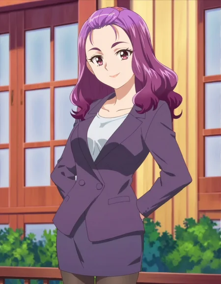 score_9, score_8_up, score_7_up, anime screencap, solo,1girl,miminokurumi, skirt, smile, formal, black pantyhose, looking at viewer,purple jacket, purple skirt cowboy shot,medium breasts<lora:miminokurumi:0.8>