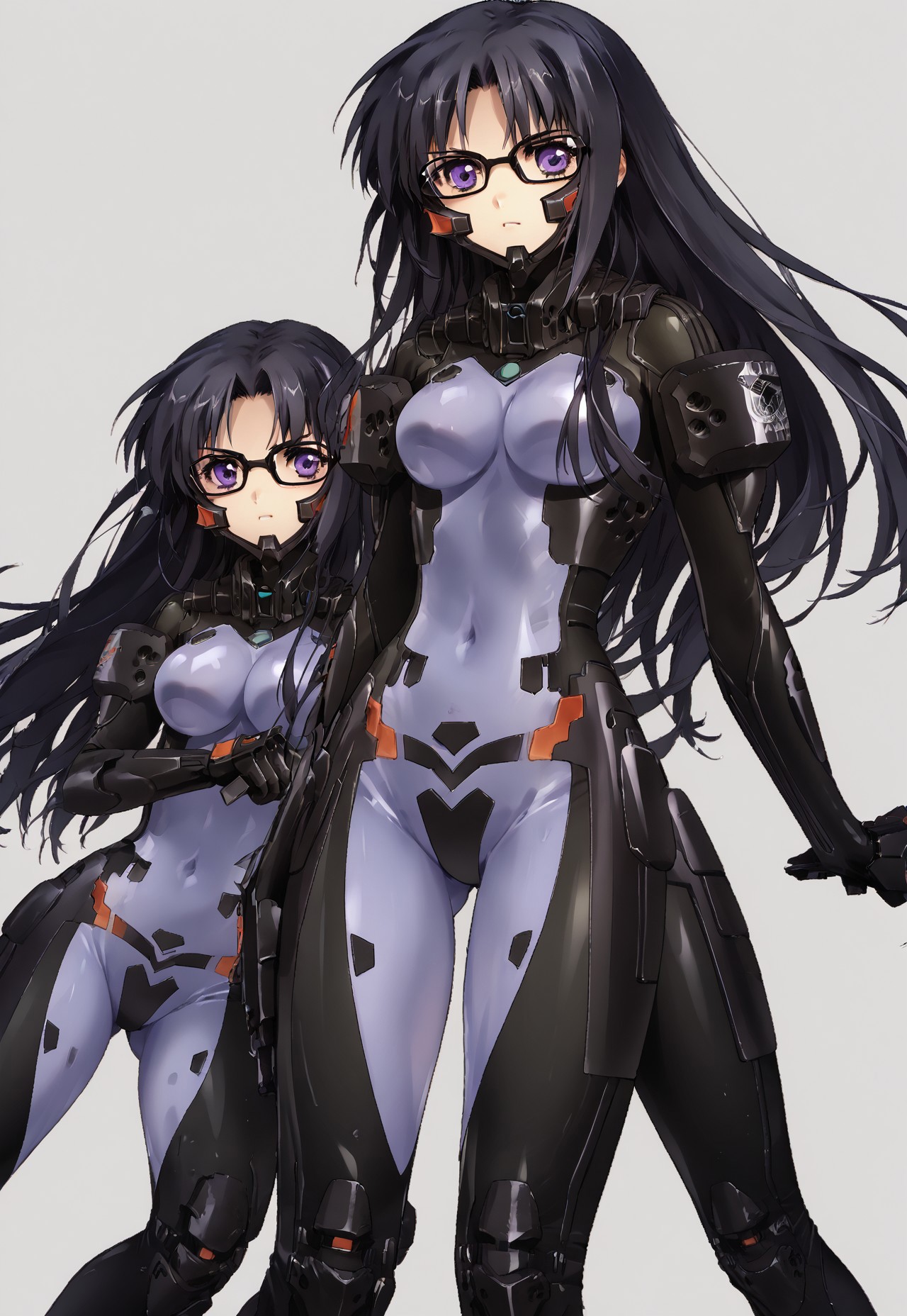 safe_pos, score_9, score_8_up, score_7_up, zPDXL, zPDXLpg, <lora:offset_0.2:0.1>, <lora:spo_sdxl_10ep_4k-data_lora_webui:1>, three Woman, schwarzesmarkenfortifiedsuit, pilot suit, impossible bodysuit, looking at viewer, ass visible through thighs,Fighting pose,whole body,gretel jeckeln, black hair, long hair, sidelocks, purple eyes, glasses, medium breasts

