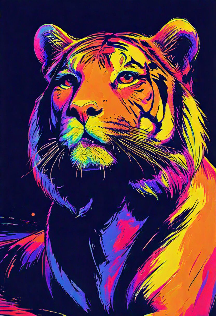 impactful color paint of, a Tiger, highly detailed, vibrant colors , 8k, sharp, professional, clear, high contrast, high saturated, , vivid deep blacks, crystal clear