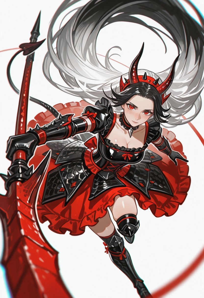 (mento:1.4), thick lineart, thick outline, highlight, painterly, muted_color, limited_palette, shadow, (chromatic aberration:1.7), (monster hunter \(series\)), 
BREAK,
1girl, solo, elegant, (dynamic pose:1.6), (foreshortening:1.3), looking at viewer, blushing, polearm, two handed, 
BREAK,
asymmetrical clothes, scale_armor, black armor, black scales, vambrace, knee guards, maid costume, apron, frills, armored_dress, latex elbow gloves, choker,  wrist_straps, skindentation, ornaments, 
BREAK, 
(aged up:1.3), absurdly long hair, two-tone hair white hair, black hair, white long eyelash, forehead, red eyes, horns, demon_tail,
BREAK,
red theme, analogous colors, white background, abstract background, color contrast, blurry foreground
BREAK, 
lazypos, masterpiece, very aesthetic, best quality, incredibly_absurdres, absurdres, highres,