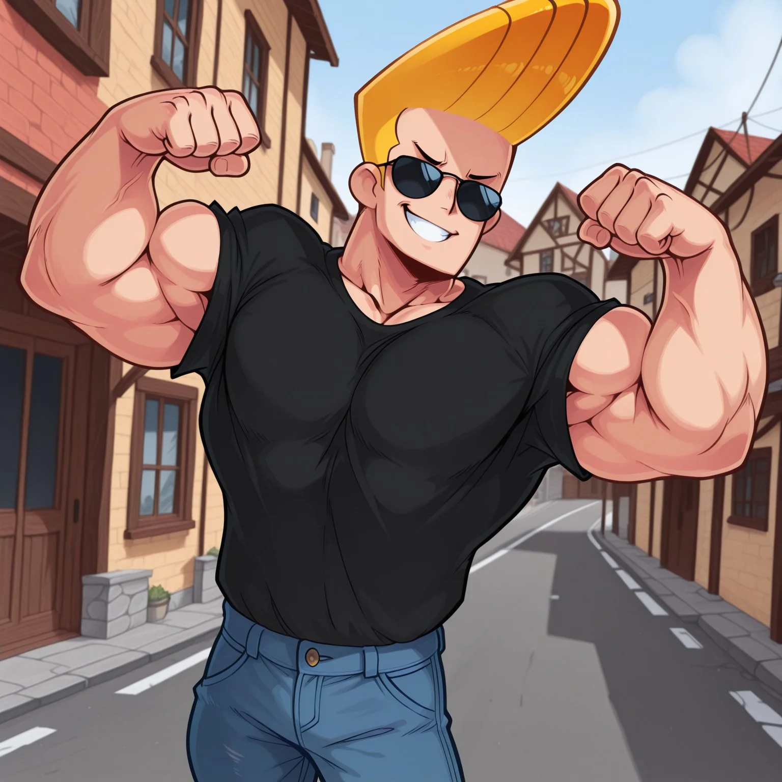 masterpiece, best quality, solo, Kabrap, JohnnyBravo-ARAI-IL, 1boy, male focus, sunglasses, muscular, black t-shirt, jeans, blonde hair, flexing, grin, outdoors, houses, street