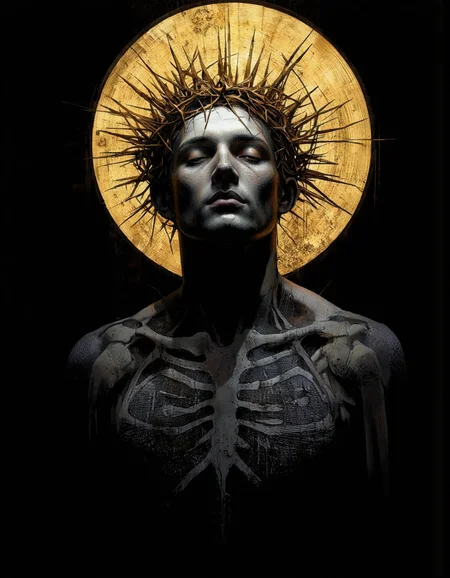 . A photo-realistic depiction of a dark, skeletal figure with a crown of thorns, set against a dark background with a golden circular light source behind it. the figure is positioned in the middle of the image, with its upper body facing the viewer and its head turned slightly to the side, giving a sense of serenity. it appears to be a male figure, with a slim, muscular physique and pale skin, wearing a crown made of gold spikes on its head, which is intricately detailed and has a realistic texture. the background is a solid black color, providing a stark contrast to the dark, textured surface of the figure. the lighting is dramatic, highlighting the figure's features and creating a moody atmosphere. the image is high quality, with no watermark or other artifacts present.