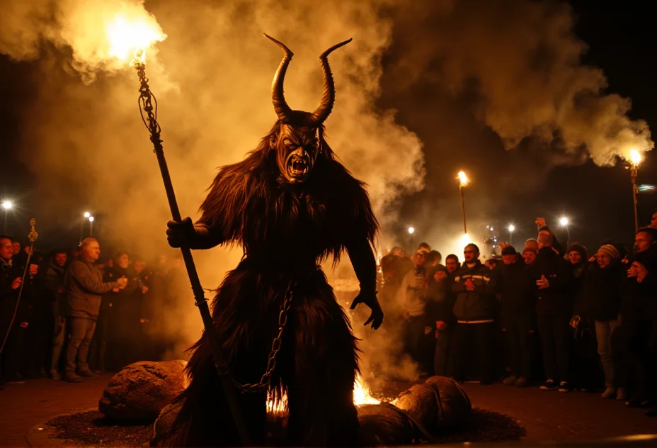 A scene of one Krampus figure looming over an ancient altar with a chained sack and a menacing posture, surrounded by panicking villagers, under flickering torchlight, with embers floating in the air, creating a sense of foreboding magic, in sharp focus, with crisp details, and a freeze-frame effect.<lora:bv-krampus-v1.safetensors:1.0:1.0>