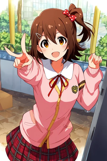masterpiece,best quality,very aesthetic,absurdres,highres,newest,official art,official style,
1girl,solo,
kasuga mirai,brown eyes,brown hair,hairclip,hair ornament,hair between eyes,one side up,side ponytail,medium hair,
pink cardigan,white shirt,neck ribbon,red skirt,plaid skirt,
<lora:eye_focus_illus:1>,eye_focus,
<lora:idolmaster_kasuga_mirai_ill_v1.0:1>,