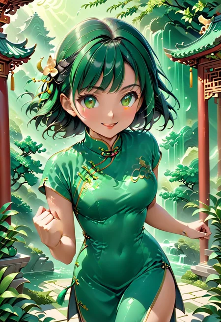 score_9, score_8_up, score_7_up, score_6_up, 1girl, petite body, 19yo beatifull, chinese girl, wearing green Cheongsam , fighting stance, cute , shy, smile, background: chinese temple made out of jade, detailed background, refreshing, dynamic lighting, dramatic and magical,