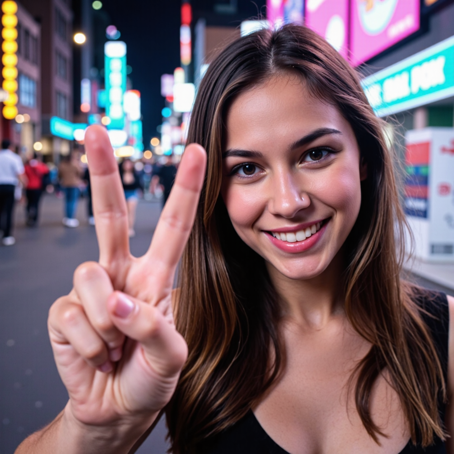 In the scene, a girl stands against a vibrant cityscape, her expression radiating joy and playfulness. She flashes a bright smile, and there’s a mischievous sparkle in her eyes. In her right hand, she confidently raises a "kookish" gesture, showcasing it with ease.
Detailed Description of the Kookish Gesture:
Shape of the Gesture: The girl forms the gesture by raising her right hand, with her thumb extended upward while the other four fingers (index, middle, ring, and pinky) are curled down and pressed against her palm. This creates a distinctive shape that resembles the "kookish" sign.
Hand Position: Her hand is lifted to chest level, slightly tilted to the side, adding a dynamic flair to the gesture. She might gently sway her hand, enhancing the playful nature of her expression.
Facial Expression: The girl’s face is lit up with a bright smile, her eyes sparkling with joy and mischief. There’s a playful challenge in her gaze, as if she’s saying, “Look at me, I’m not afraid to show this!”
Context: In the background, the bright lights of the city create an atmosphere of fun and freedom. She might be at a party or among friends, and this gesture is part of a lighthearted interaction.
Emotions: The kookish gesture she displays could symbolize her carefree attitude towards something she finds amusing or trivial. It’s a way for her to express her individuality and sense of humor.
This prompt paints a vivid and memorable image of a girl showing a kookish gesture, filled with playfulness and positivity.