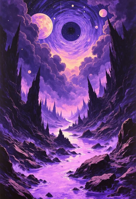 Purple liquid river, end of the world, cosmic elements, eerie glowing mist, jagged rocks protruding, surreal floating debris, ominous swirling sky, broken planets overhead, cracked ground glowing faintly, ancient ruins half-submerged. Dynamic framing, off-center perspective, river winding closer to the viewer, intense colors reflecting cosmic light, stars scattered like shattered glass, looming sense of finality.
