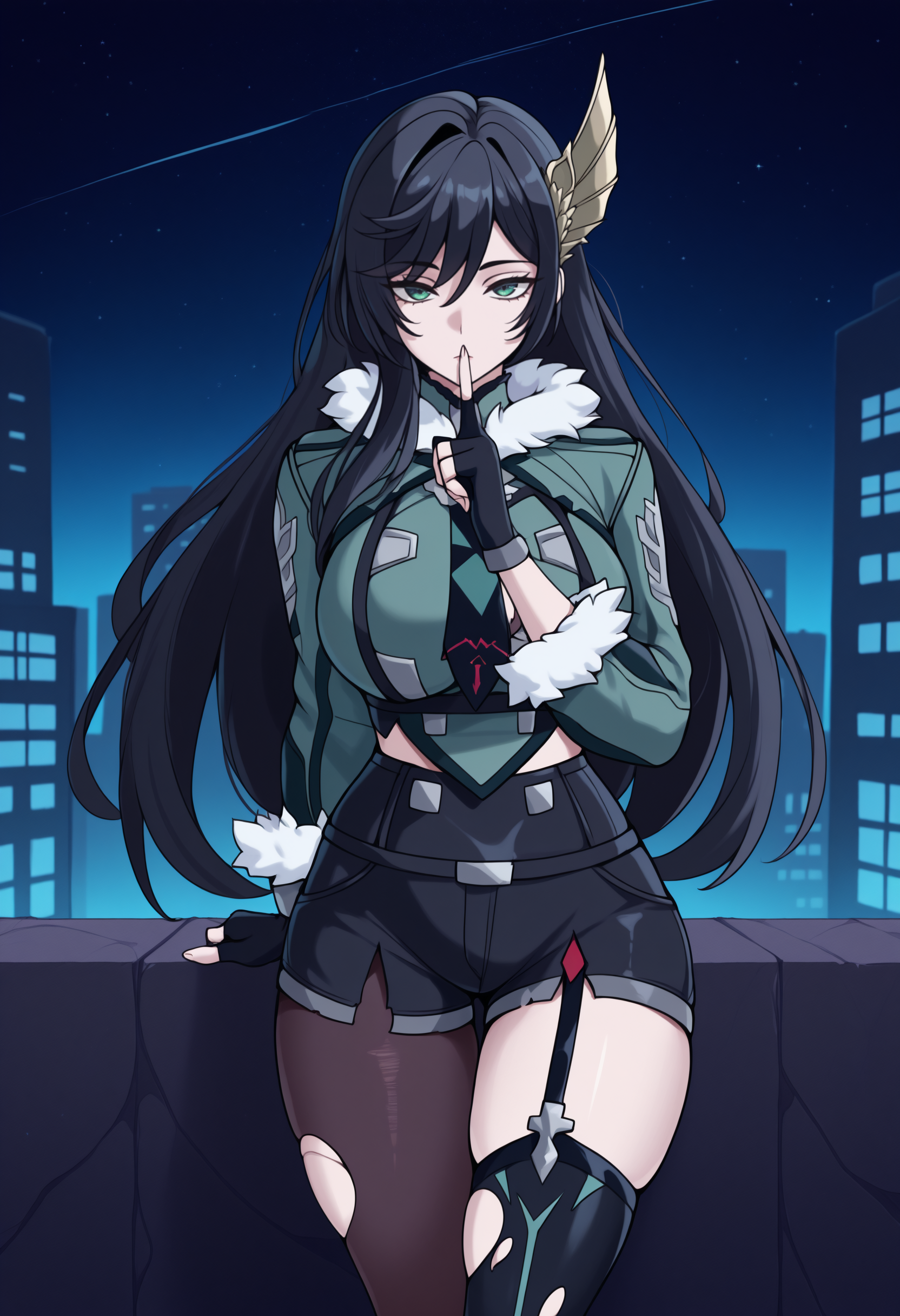 anime, masterpiece, best quality, solo, 1girl, brnhld, expressionless, looking at viewer, standing, finger to mouth, shushing, long hair, black hair, wing hair ornament, green eyes, torn clothes, fur trim, green jacket, fur-trimmed jacket, cropped jacket, necktie, long sleeves, fur-trimmed sleeves, black gloves, fingerless gloves, black shorts, short shorts, black pantyhose, single leg pantyhose, torn pantyhose, black thighhighs, single thighhigh, torn thighhighs, garter straps, large breasts, outdoors, night, starry sky, city street
<segment:yolo-face_yolov8m.pt,0.4,0.5//cid=1>