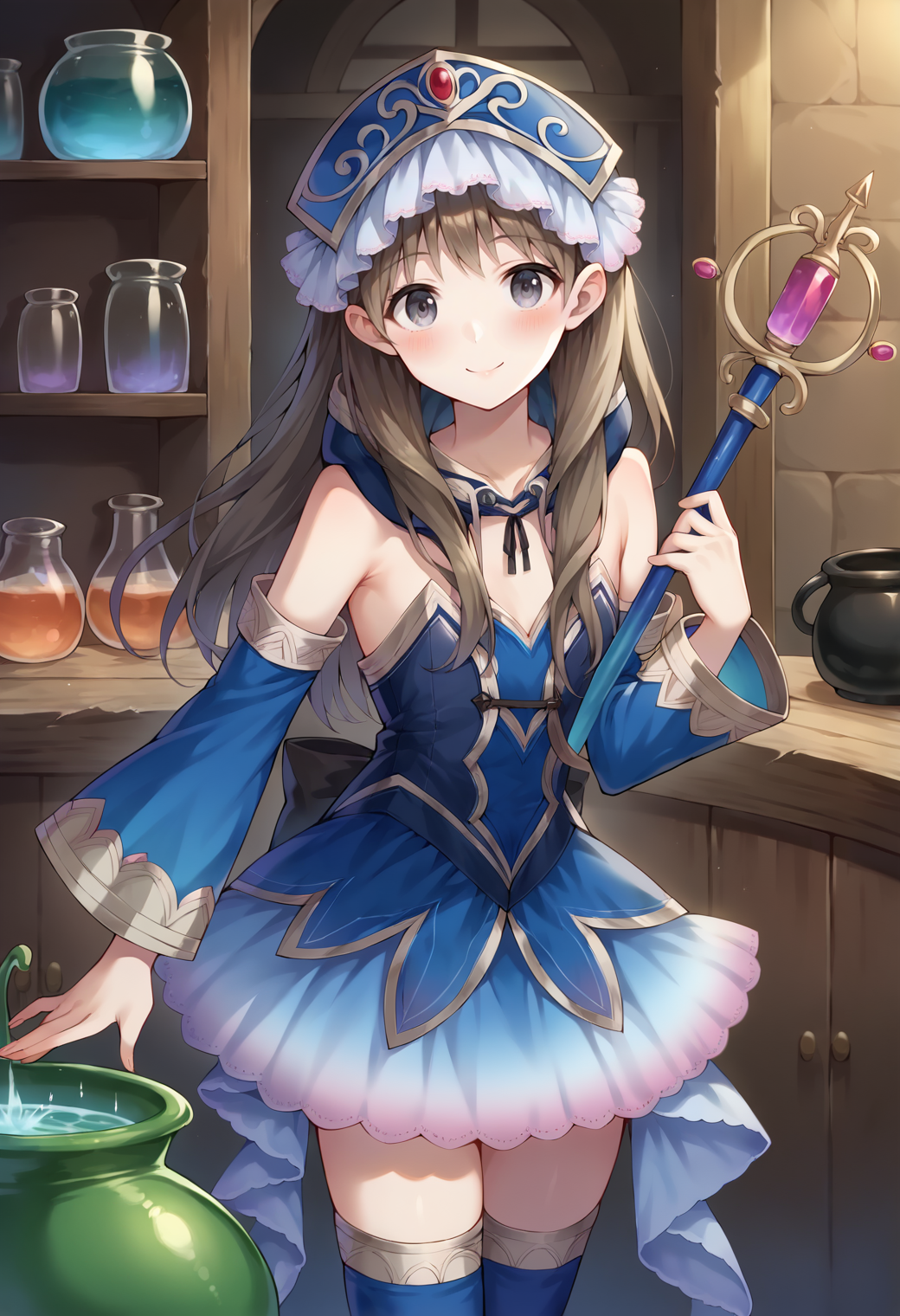 score_9, score_7_up, hd, (ultra hd quality details), source_anime, indoors,
solo, 1girl, attotori, brown hair, long hair, hair over shoulder, grey eyes,
totoriblu, blue headdress, hood down, blue dress, bare shoulders, strapless, blue sleeves, detached sleeves, gradient skirt, blue thighhighs,
looking at viewer, blush, smile,
standing, holding staff, cauldron,
<lora:_totooria_helmold-elesico-ponyD-000011:1>