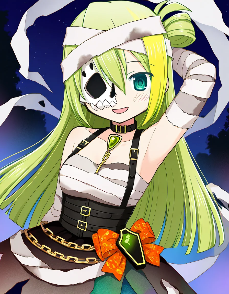 masterpiece, best quality, newest, absurdres, highres, safe, 1girl, alina gray \(halloween ver.\), magia record: mahou shoujo madoka magica gaiden, upper body, solo, smile, open mouth, outdoors, dutch angle, <lora:alina_gray_noobaiXLNAIXL_vPred10Version:0.7>