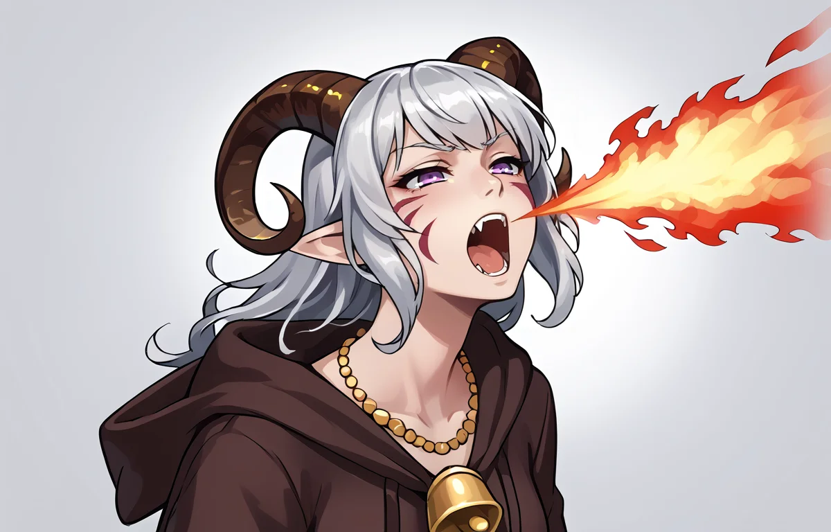 <lora:breath_weapon:0.8> breath_weapon:1.5, energy_beam:1.9, breath from mouth, blue:1.4 breath :1.4, head down, breath_down ,fang, cowboy shot,
solo,
source_furry, score_7_up, rating_safe, gold necklace, tiefing, short pointed ears, brown horns, (a pair of brown sheep Horns that begin at her temples and curve back: 1.5), bangs, long silver hair long wavy hair, pale skin, <lora:whisker_markings:0.8>red whisker_markings, short pointy ears, purple eyes, <lora:age_slider_v4:0.6> medium breasts, skinny female, silver hair, <lora:Tieflingnew weird fantasyDND:0.3> Tiefling, pointed ears, horns, half-closed eyes<lora:Smooth Style 2 SDXL_LoRA_Pony Diffusion V6 XL:0.5> bell, robe, hood off <lora:energy_beam:0.7>