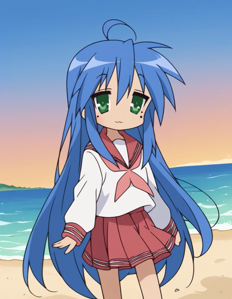score_9, score_8_up, score_7_up, source_anime, <lora:konata-izumi-s1-ponyxl-lora-nochekaiser:1>, konata izumi, long hair, very long hair, green eyes, blue hair, ahoge, mole, mole under eye,, skirt, long sleeves, school uniform, pleated skirt, serafuku, sailor collar, neckerchief, red skirt, ryouou school uniform,, beach, sunset, walking along shore, footprints in sand, waves, peaceful, , v, v over eyes,, looking at viewer, solo,, dutch angle, cowboy shot