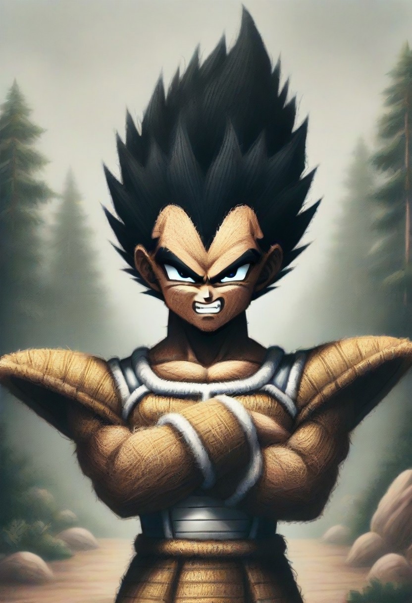 source_anime, pamcocomat, 1boy, vegeta, pamcocomat saiyan armor, upper body, crossed arms, looking at viewer, outdoors,spiky hair, black hair, Dragon Ball Z, angry, teeth, best quality, detailed face, detailed eyes