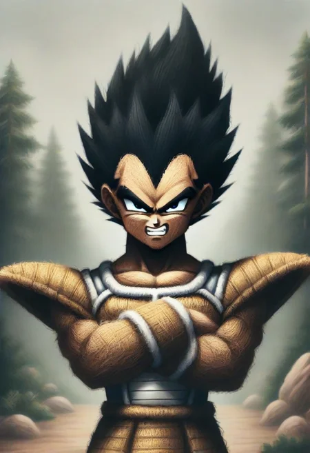 source_anime, pamcocomat, 1boy, vegeta, pamcocomat saiyan armor, upper body, crossed arms, looking at viewer, outdoors,spiky hair, black hair, Dragon Ball Z, angry, teeth, best quality, detailed face, detailed eyes