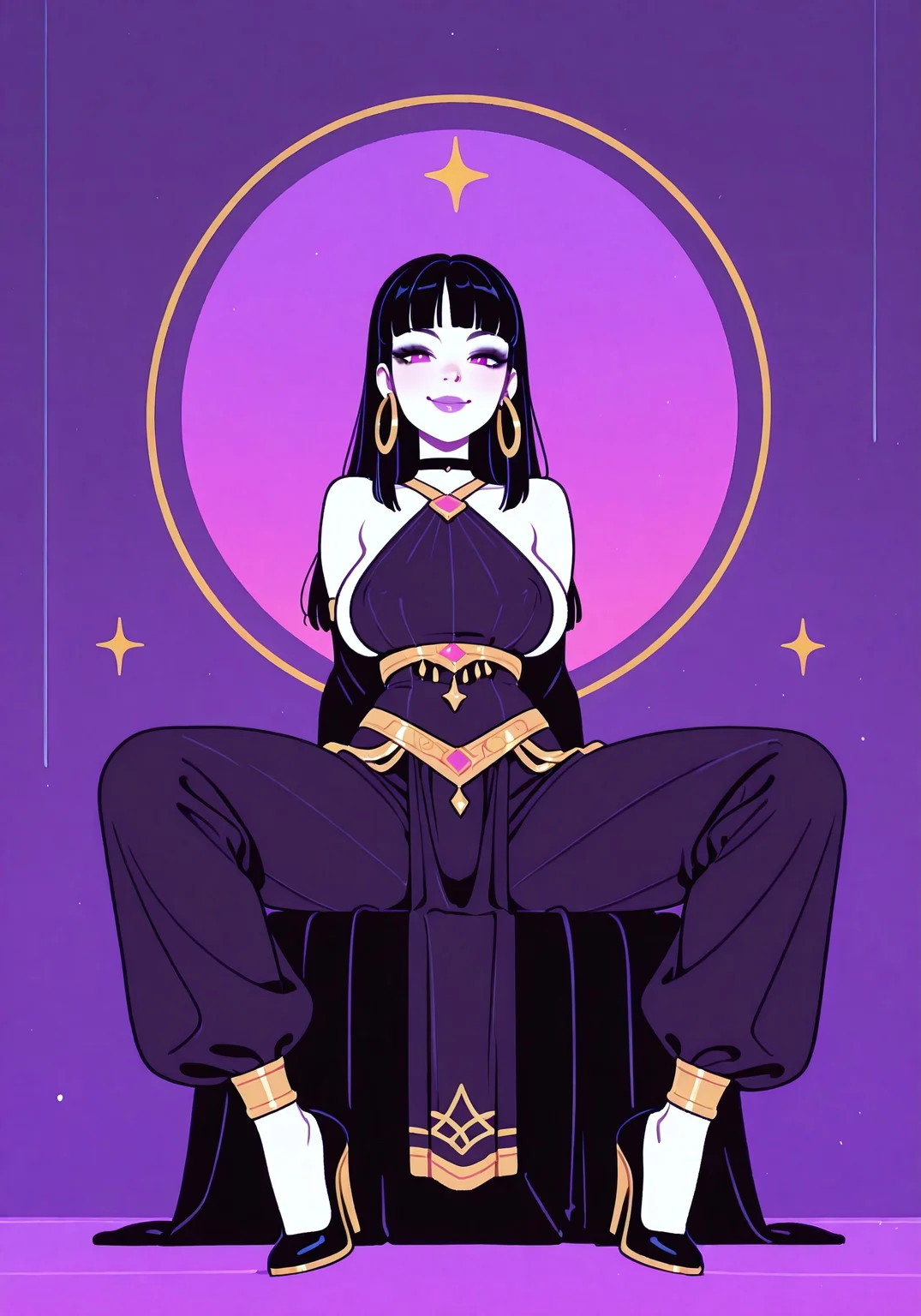 safe_pos, HDR, 8K, high contrast, very aesthetic, realistic, newest, volumetric lighting,
(artist:incase:0.5), (artist:tsuaii:0.5), (flat colors:1.2), haiz_ai, no lineart, no outline, creating a dreamlike, tranquil scene, extremely detailed, masterpiece,
BREAK,
1woman, solo, mature, kawaii, goth girl, dark eyeliner, sagging boobs, nipple bulge, perfect makeup, hips, long hair, bangs, pale skin, hime cut, (legs spread), happy,
BREAK
stylized, Flatline, Flat vector illustration, (pinup poster), ((beautiful linework))
BREAK
Dancer costume, sheer harem pants, sideboob, large hoop earrings, choker, high heels,
BREAK