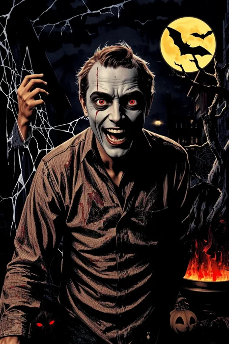 (zombi), halloween night, horror, (bats), moon in the sky, portrait, (standing:1.2),  happy smiling, red eyes,(very detailed), best quality,  sharp focus, , cobweb-filled attic, retro Halloween, ancient spellbook, rustling dead leaves,  halloween_weather, glowing embers from a fire,  ethereal lights, backlight, shadows, high contrast, hdr, <lora:Anti-Blur:0.8> <lora:Hand v2:0.8> Detailed hand, Hand, Perfect hand, <lora:aidmaImageUpgrader:0.8> aidmaimageupgrader,  <lora:Vintage comic book:0.8>