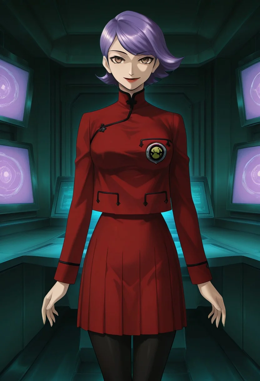 score_9,score_8_up,score_7_up,source_anime,5_figner,2d_animation,game cg,BREAK,1girl,solo,
Sagami Kei,short hair,swept bangs,purple hair,brown eyes,red lips,school uniform,red skirt,pleated skirt,black pantyhose,long sleeves,
cowboy shot,looking at viewer,smile,standing,front view,
indoor,laboratory,monitor,dark,
masterpiece,best qualit,ultra-detailed,illustration,an extremely delicate and beautiful,beautiful detailed eyes,unity 8k wallpaper,high resolution,anime CG,official_art,Erotic_style,anime_coloring, anime_screencap,