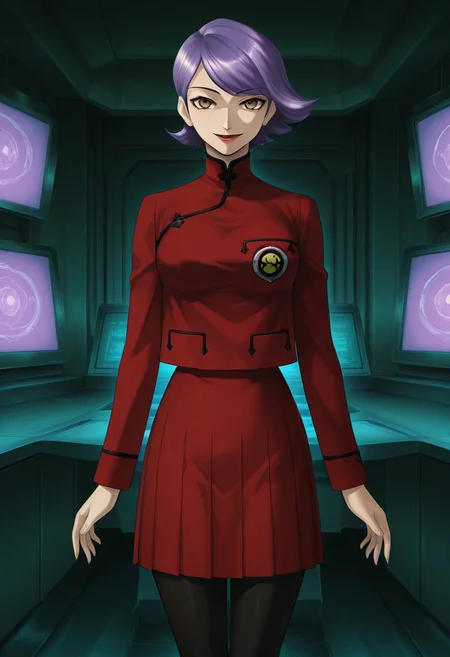 score_9,score_8_up,score_7_up,source_anime,5_figner,2d_animation,game cg,BREAK,1girl,solo,
Sagami Kei,short hair,swept bangs,purple hair,brown eyes,red lips,school uniform,red skirt,pleated skirt,black pantyhose,long sleeves,
cowboy shot,looking at viewer,smile,standing,front view,
indoor,laboratory,monitor,dark,
masterpiece,best qualit,ultra-detailed,illustration,an extremely delicate and beautiful,beautiful detailed eyes,unity 8k wallpaper,high resolution,anime CG,official_art,Erotic_style,anime_coloring, anime_screencap,