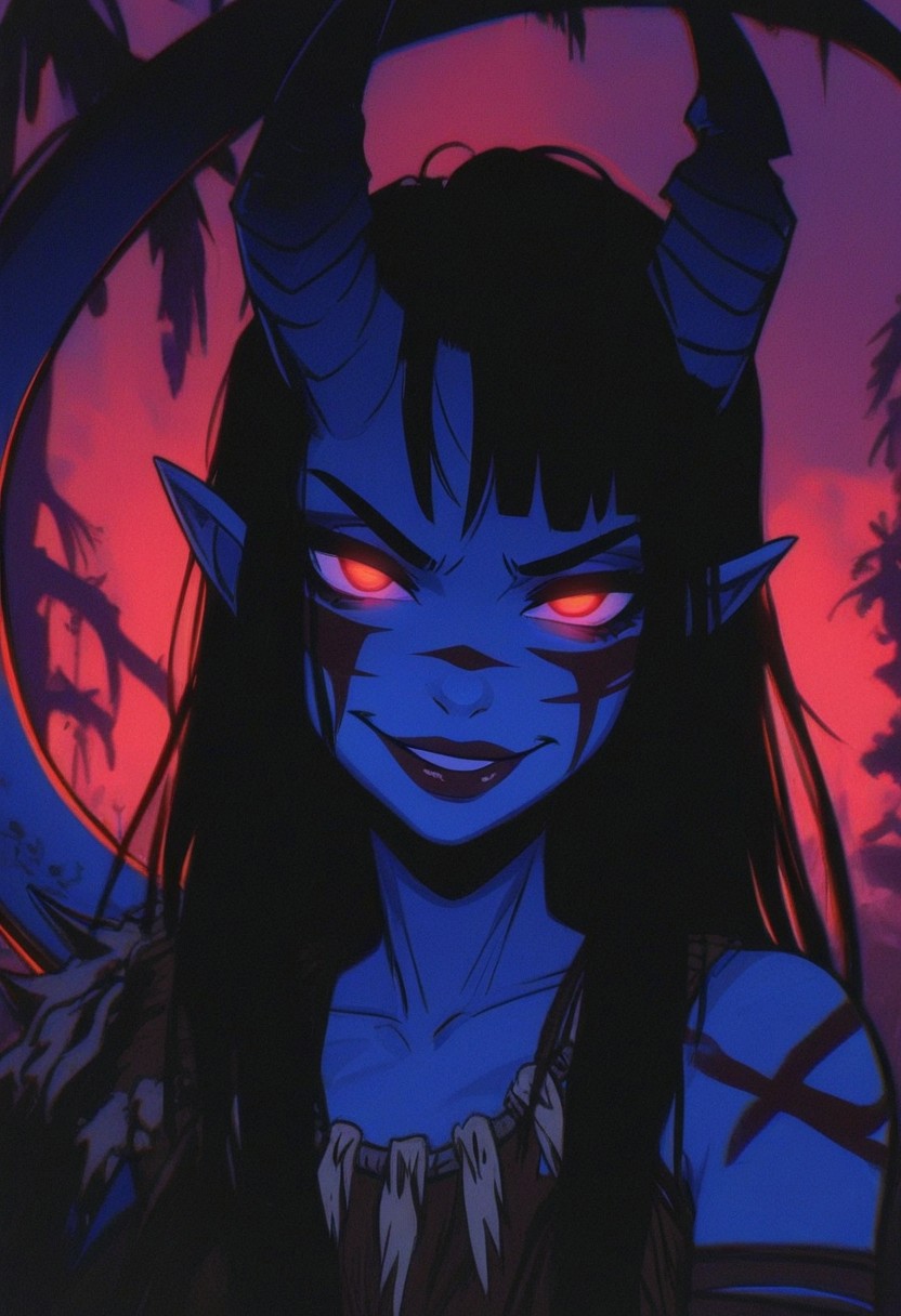 SPNGS, masterpiece, best quality, amazing quality, 1girl, portrait, beautiful, tiefling shaman, black hair, (long hair:1.3), side bangs, horns, barbarian, gladiator, war paint, tribal markings, long tail, blue skin, red lips, red eyes, glowing eyes, (smug:0.85), dramatic lights, detailed