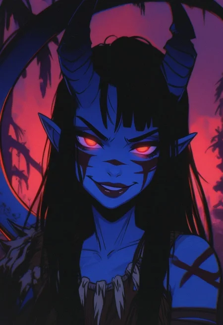SPNGS, masterpiece, best quality, amazing quality, 1girl, portrait, beautiful, tiefling shaman, black hair, (long hair:1.3), side bangs, horns, barbarian, gladiator, war paint, tribal markings, long tail, blue skin, red lips, red eyes, glowing eyes, (smug:0.85), dramatic lights, detailed
