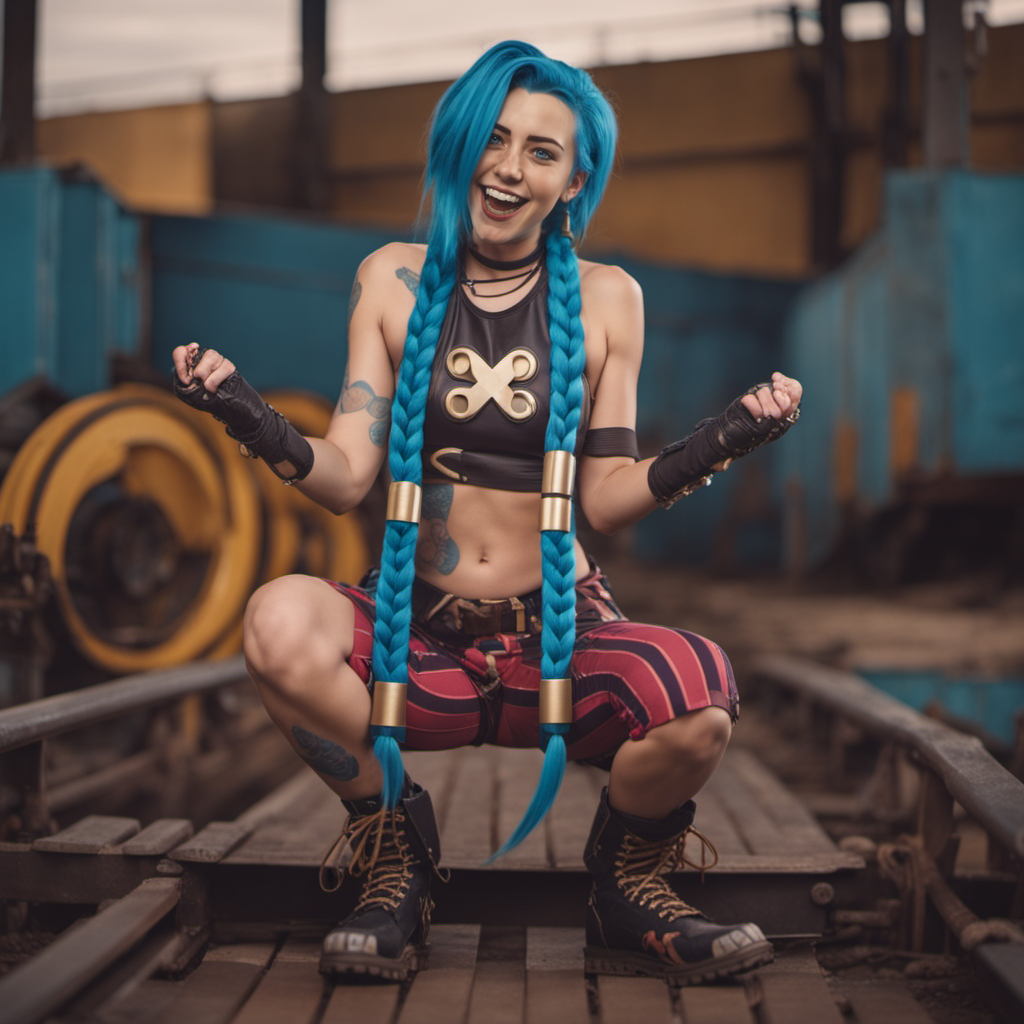 Grunge style cinematic photo a funny woman, full body,  laughs and blue hair and braids is posing for a picture <lora:Jinx1024-000260:0.8> . 35mm photograph, film, bokeh, professional, 4k, highly detailed . Textured, distressed, vintage, edgy, punk rock vibe, dirty, noisy